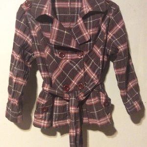 Women’s Brown Double Breasted Belted Plaid Top Size L EUC